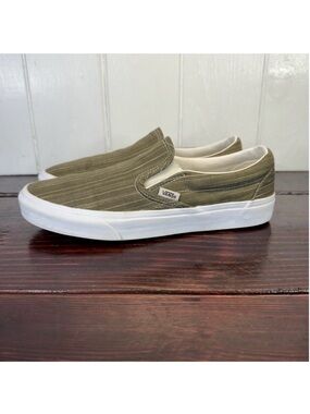 Vans Classic Slip-On Sneakers – Green Pinstripe Suiting Fabric - Men’s 9